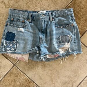 Lucky Brand Distressed Patchwork Jean Shorts, EUC Sz 10, Boho